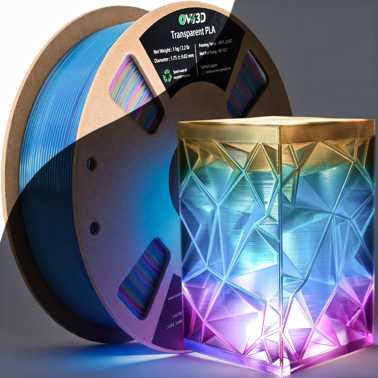 OVV3D Transparent Rainbow PLA Filament 1.75Mm, Multicolor Blue Purple Yellow Tra