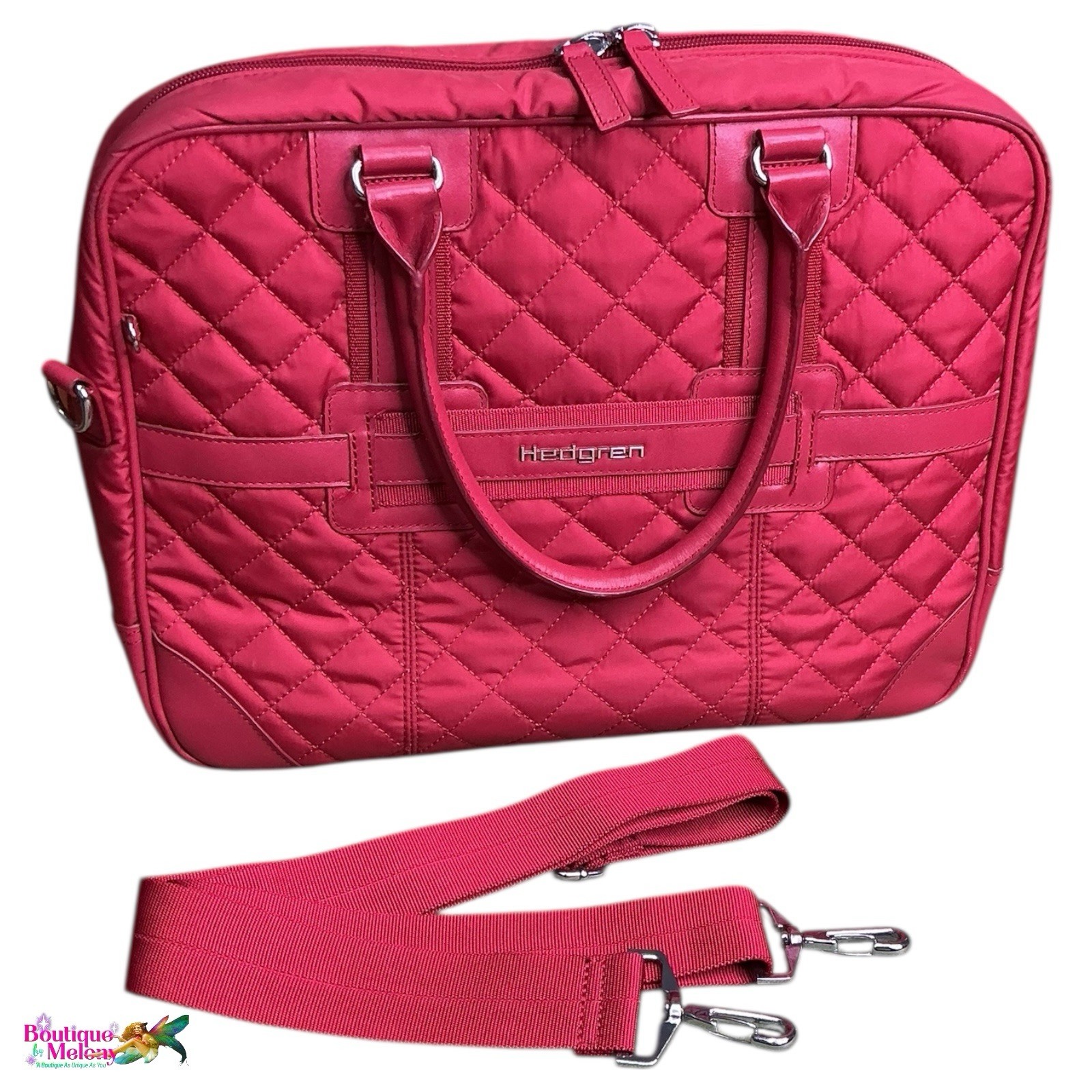 Hedgren Quilted Nylon Laptop Briefcase Crossbody Bag Red Shoulder Strap
