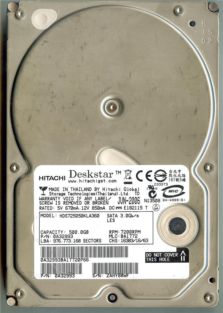 HITACHI HDS725050KLA360 500GB SATA HARD DRIVE P/N: 0A32993  MLC: BA1772