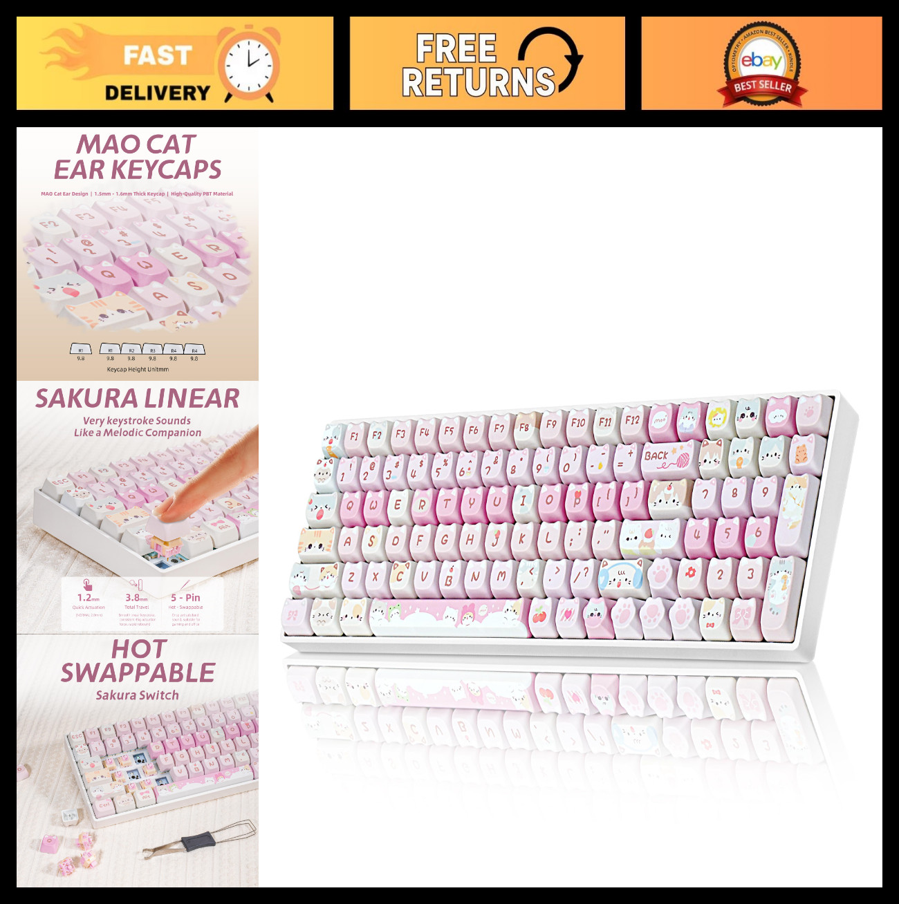 Wireless Cat Mechanical Keyboard - 98% Pink Cute Full Size with Number Pad, Girl