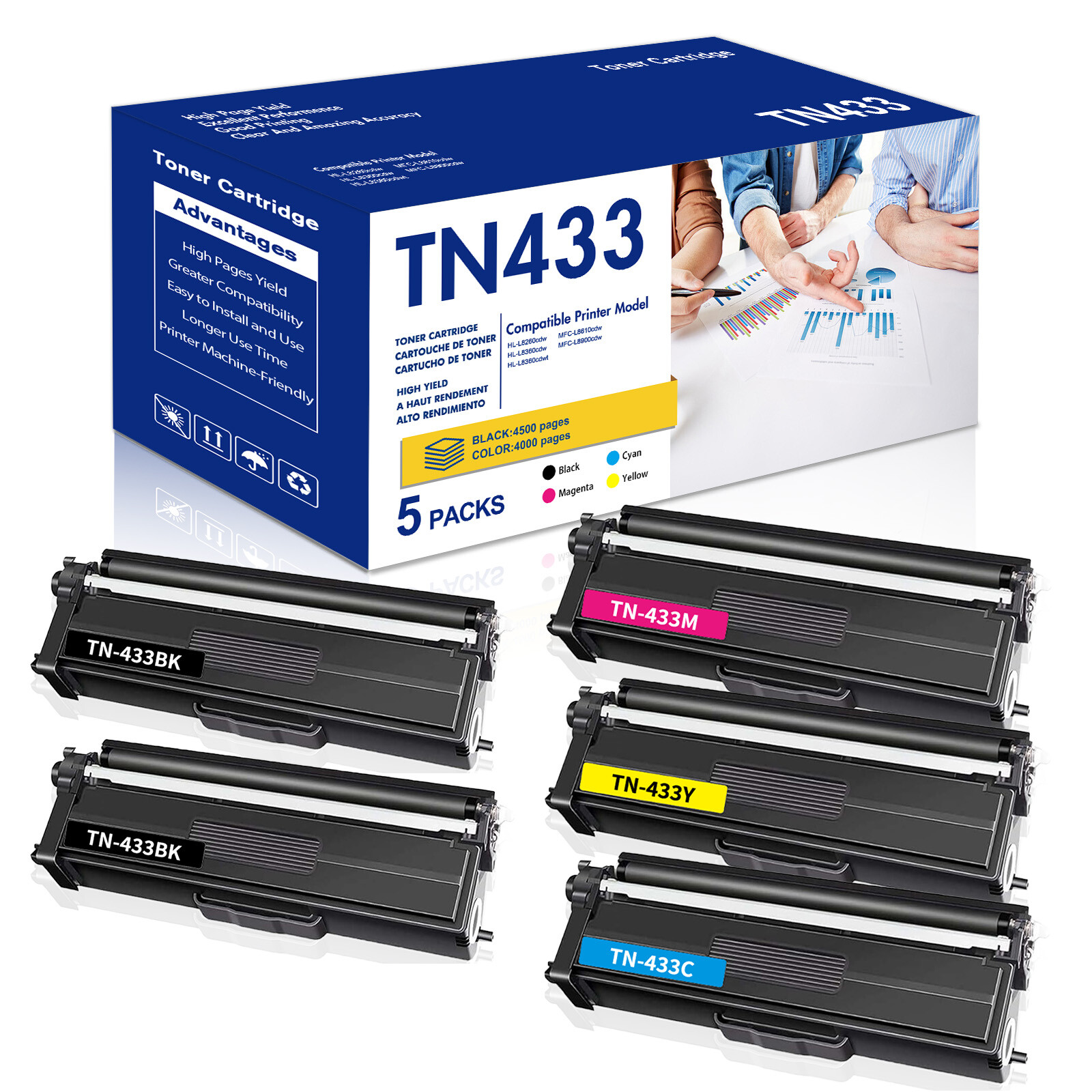 5 PACK- TN-433BK TN433C TN433M TN433Y HIGH YIELD TONER COMPATIBLE WITH BROTHER