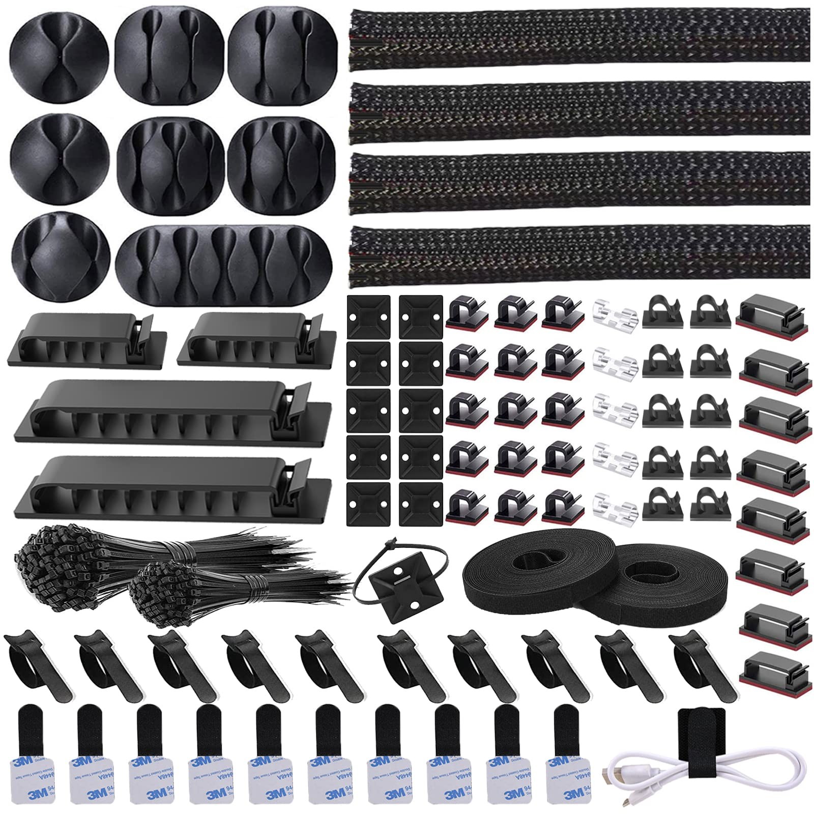 311Pcs Cable Management Organizer Kit Sleeves Clips Ties Holders Black