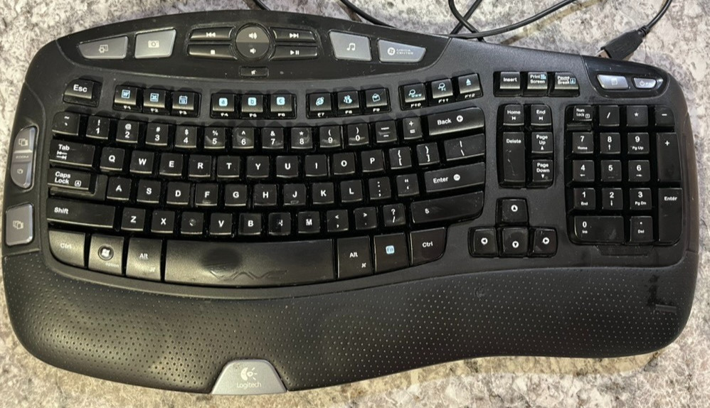 Logitech Wave Corded USB Keyboard Y-UV90 Ergonomic Wired Black Tested Works
