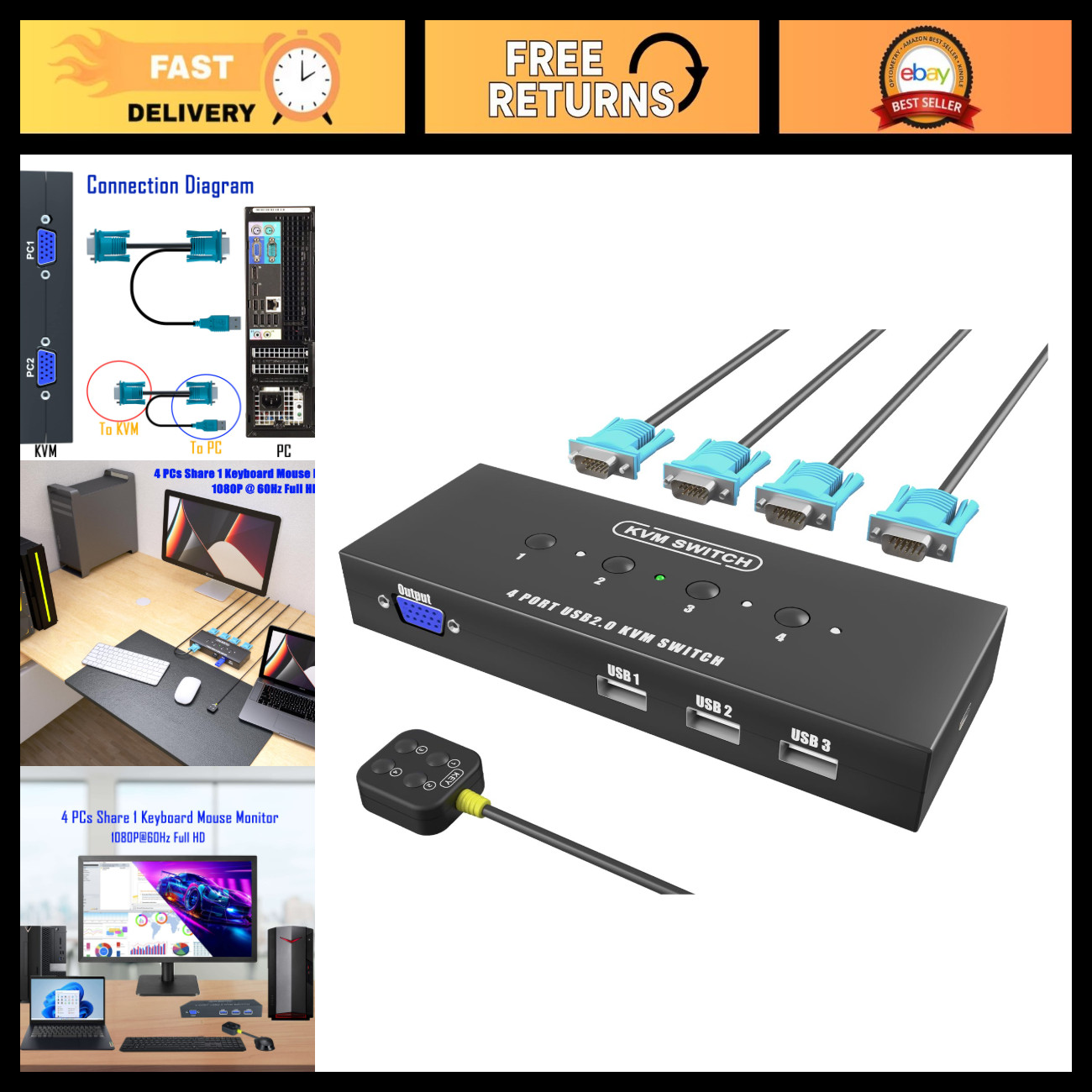 4-Port VGA KVM Switch with Cables - Desktop PC Multi-Computer Selector