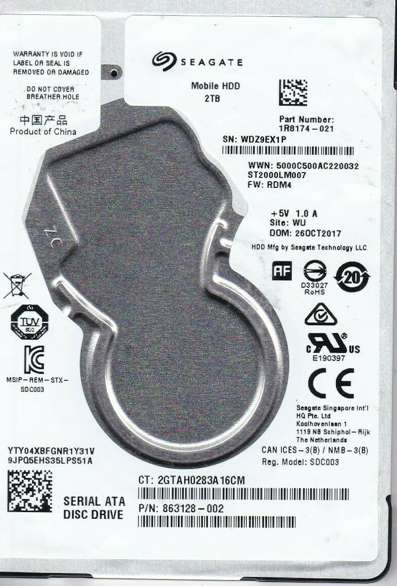  ST2000LM007 pn: 1R8174-021 fw: RDM4 sn: WDZ WU 2017 2TB SATA 2.5" SEAGATE