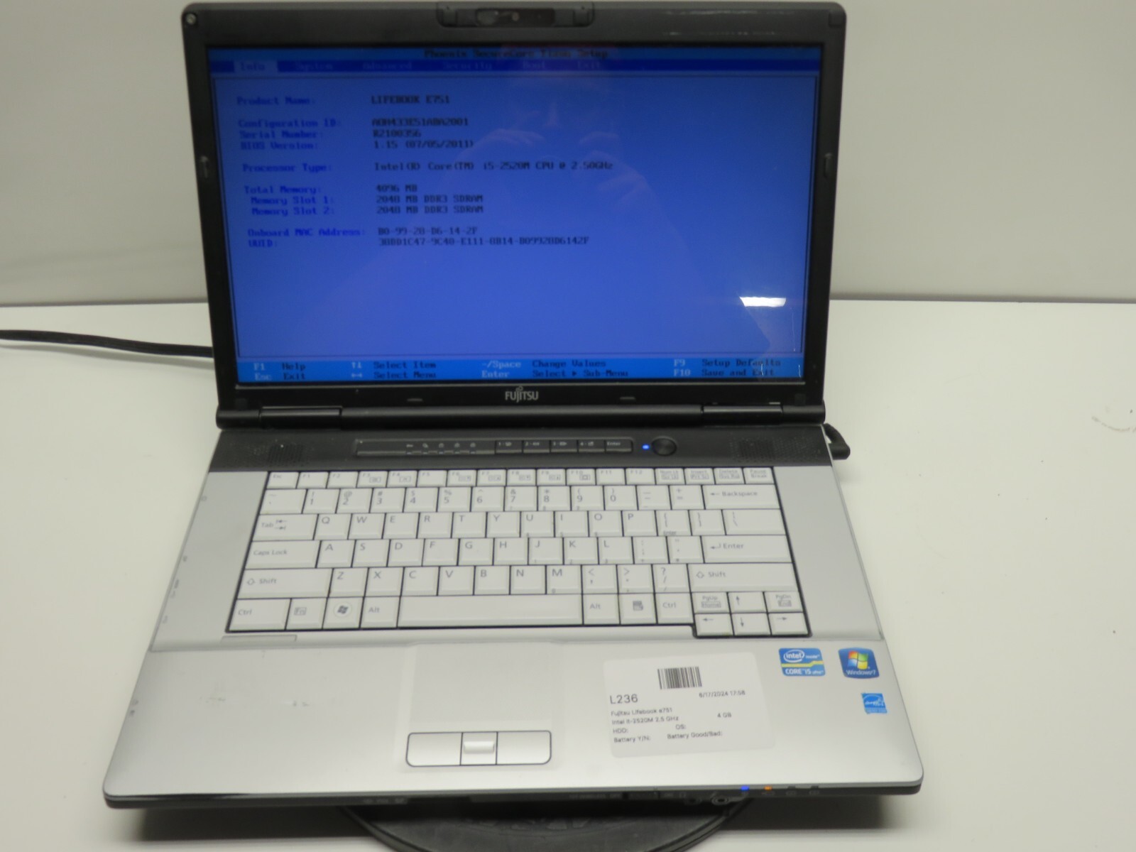 Fujitsu LifeBook E751 Laptop Intel Core i5-2520M 4GB Ram No HDD or Battery