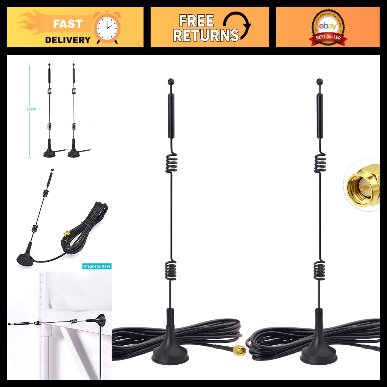 Dual Band WiFi Antenna 2.4GHz 5GHz 9dBi Magnetic Base SMA Male - 2-Pack for Secu