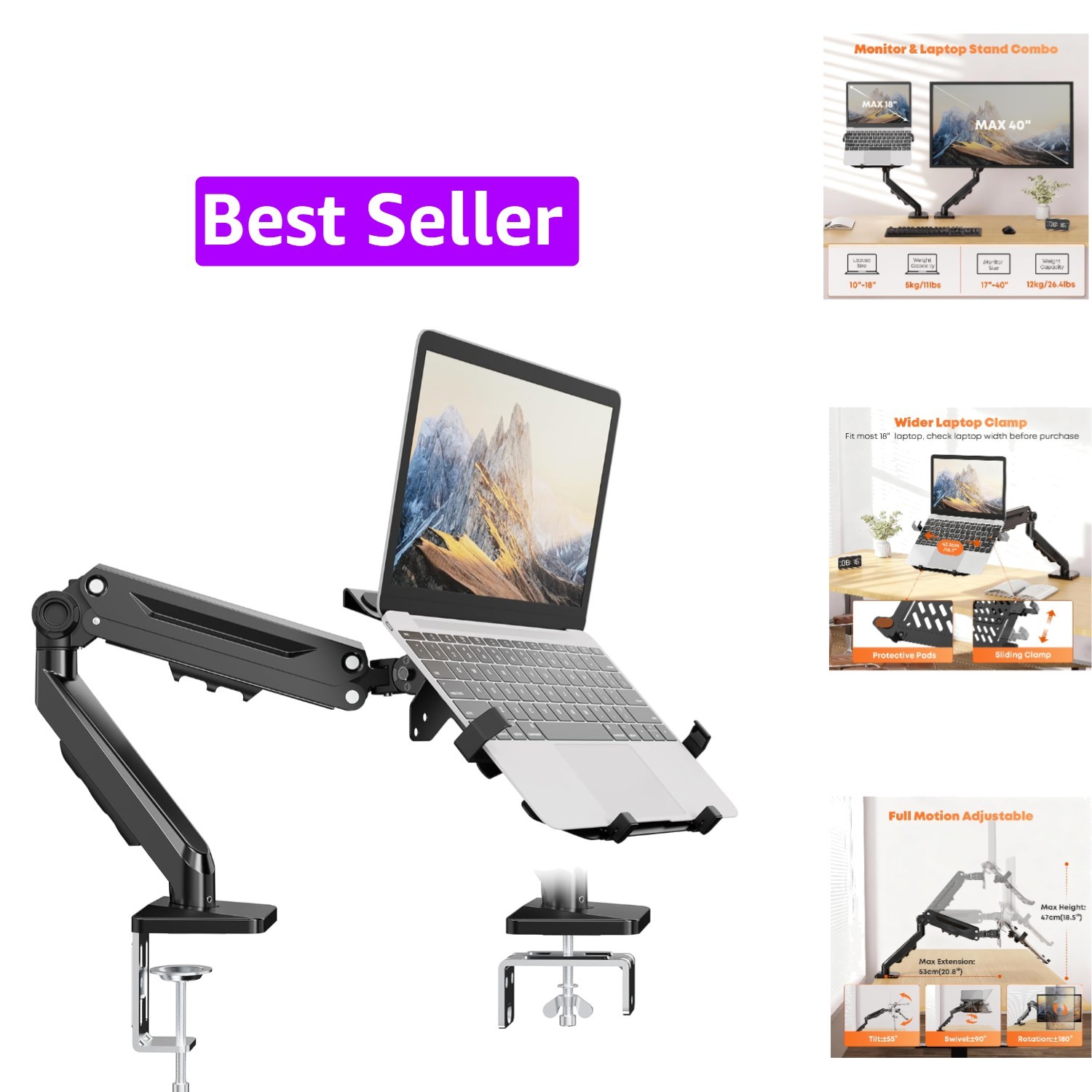 Laptop Arm Desk Mount Fits Max 18" Notebook and 40" Screen | 2-in-1 Mount wit...