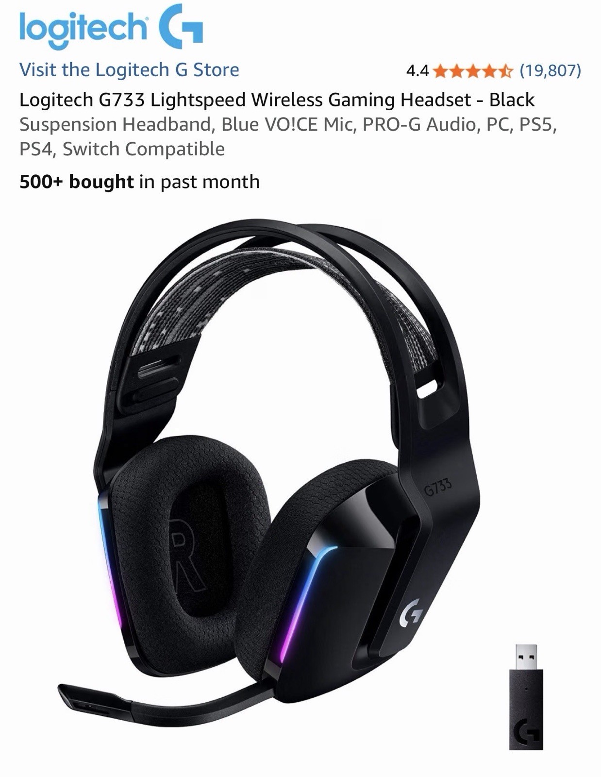 Logitech G733 Lightspeed Wireless Gaming Headset, Suspension Headband, Lightsync