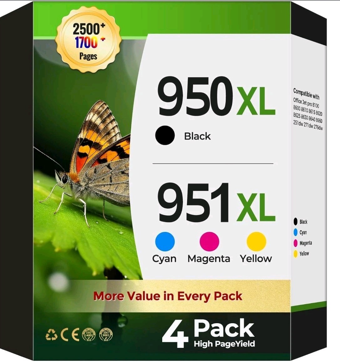 4PK 950XL 951XL(1BK/C/M/Y)Ink Combo Compatible for HP  OfficeJet Pro 8620 251DW