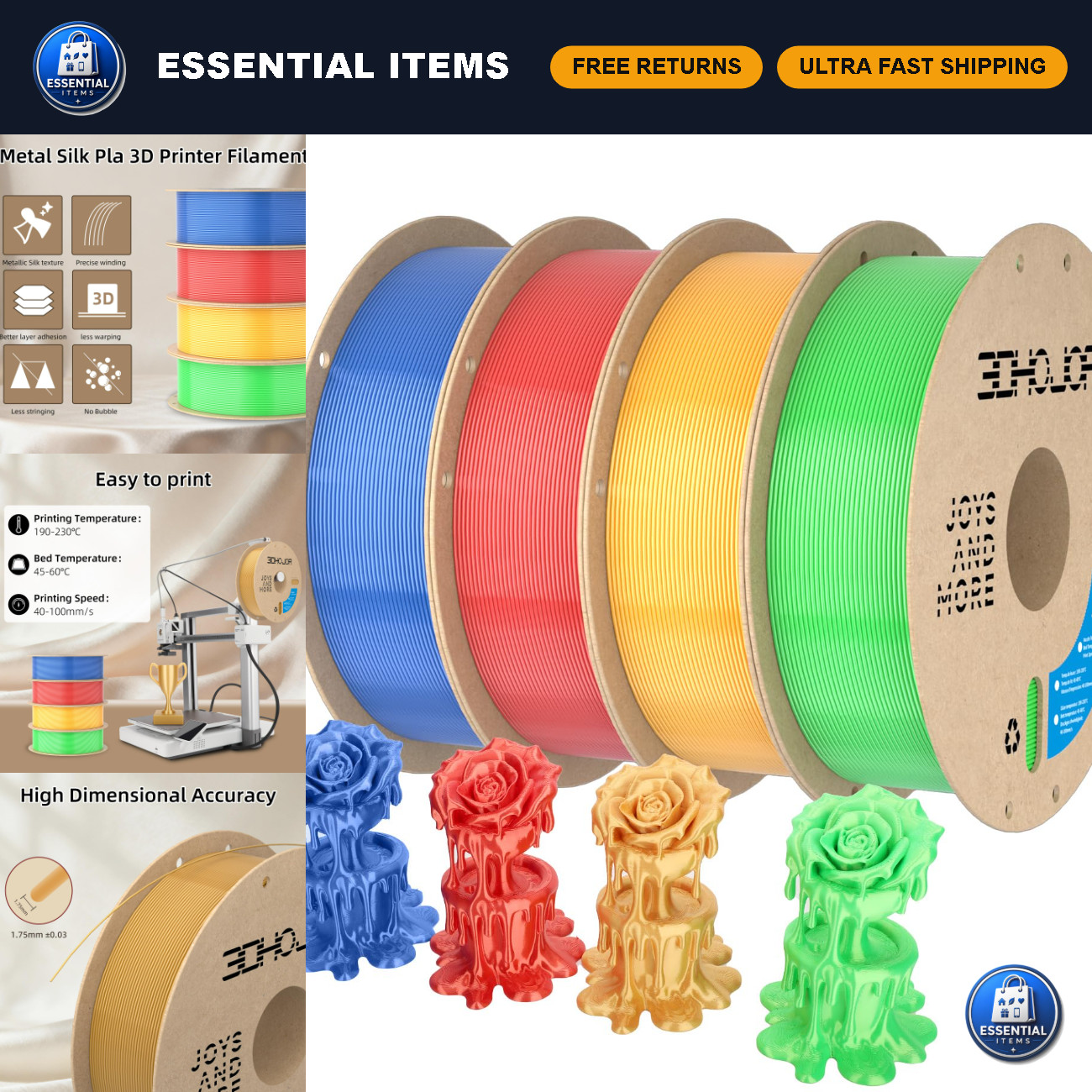 Silk PLA Filament 1.75mm - 4 Colors, 1kg Spool, High Accuracy for FDM Printers