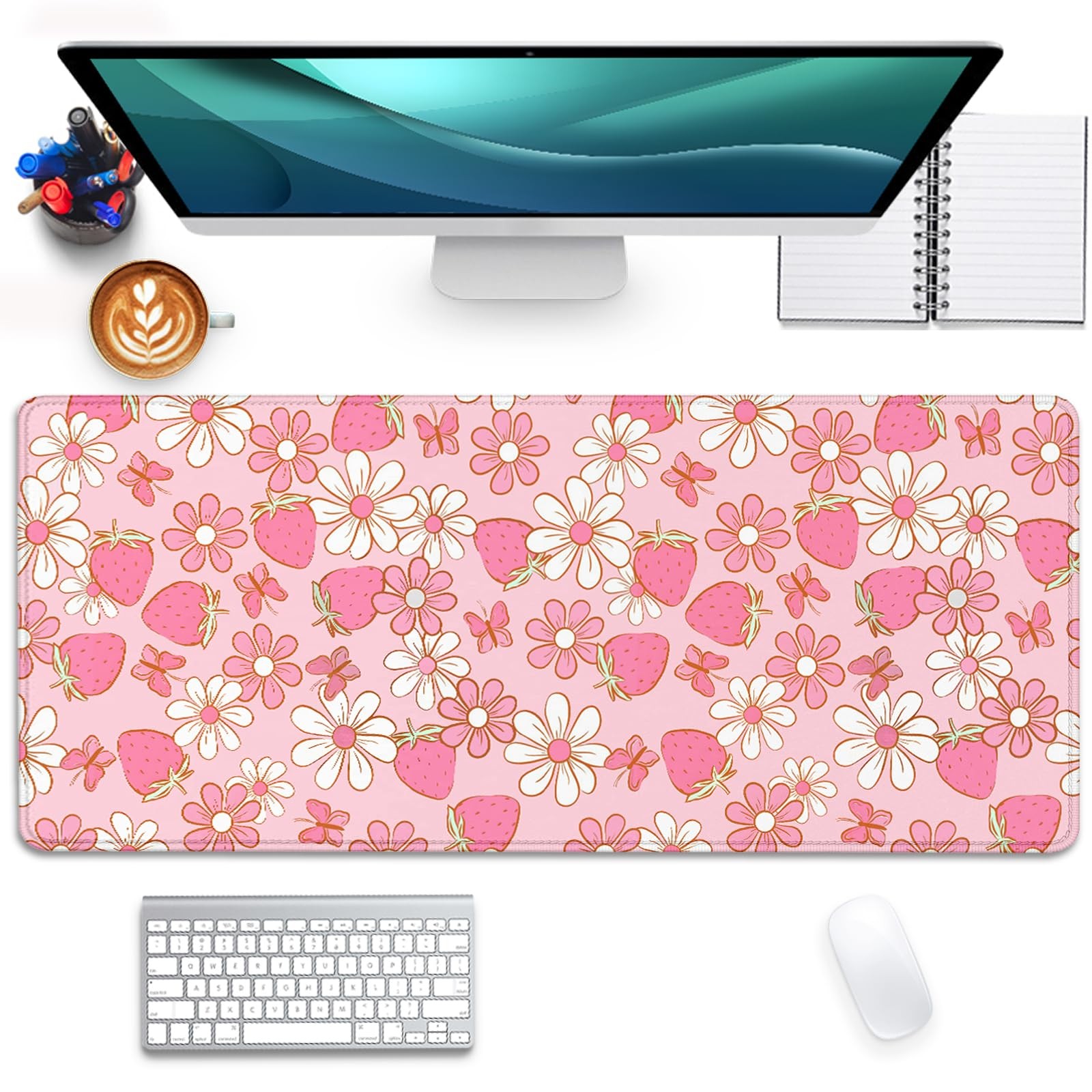 Strawberries and Flowers Extended Desk Pad Pad,Large Gaming Butterfly Floral ...