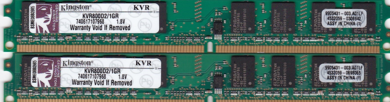 2GB 2x1GB KINGSTON KVR800D2/1GR DDR2-800 PC2-6400 DESKTOP RAM KIT LOW PROFILE