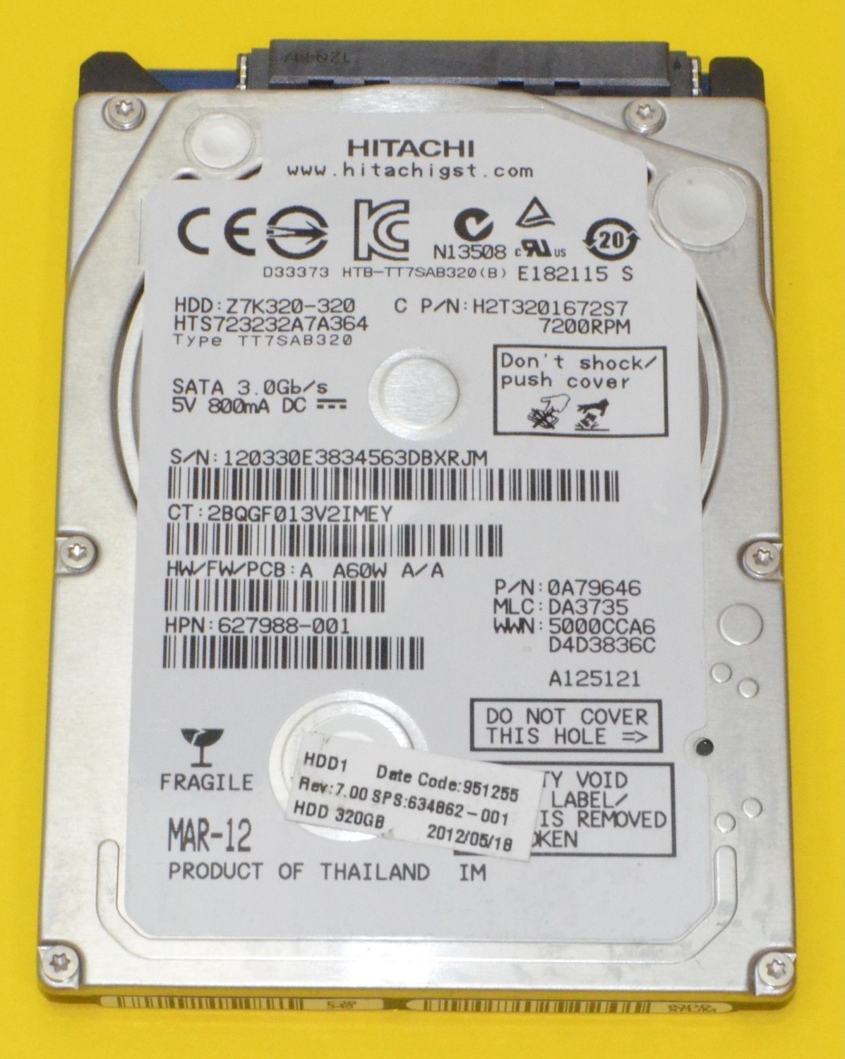 Hitachi 320 GB, 2.5", 3gb/s, 7mm, 7200 RPM Hard Drive *Used* H2T3201672S7