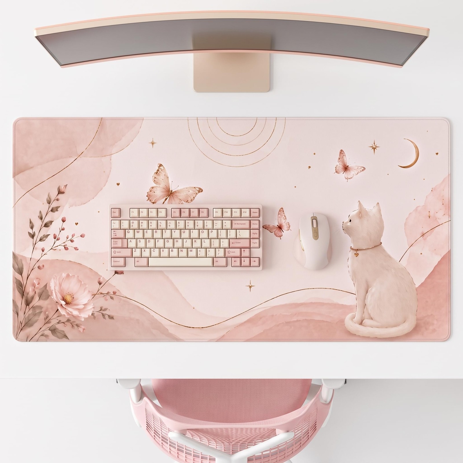 Large Desk Mat 31.5x15.7 Inch Pink Cat Butterfly Mouse Pad | Aesthetic Moon S...