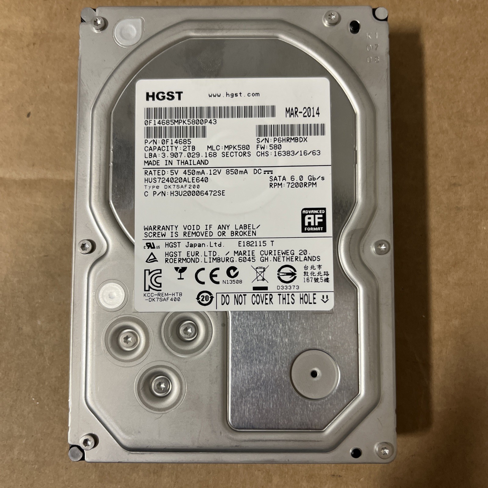 HGST HUS724020ALE640 2TB SATA 6Gb/s 512e 3.5 in Enterprise HDD | 0F14685