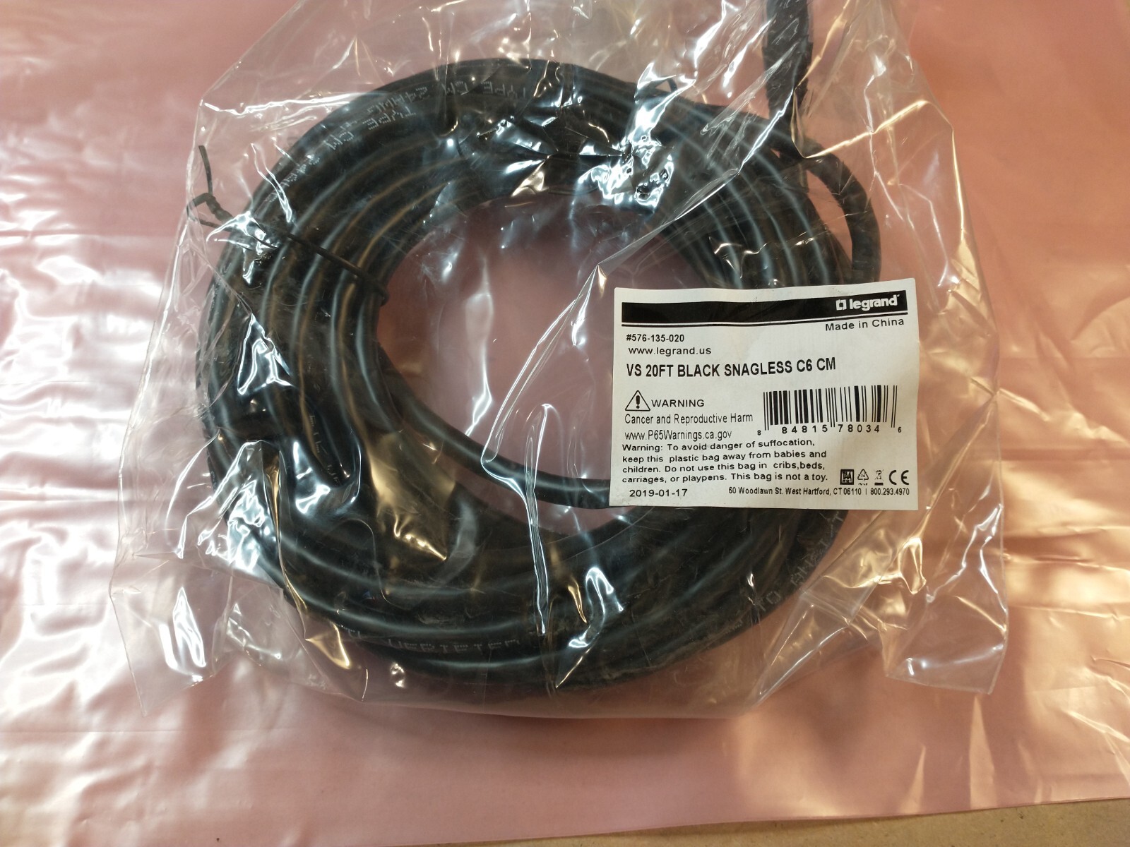 Legrand VS 20' Black Snagless C6 CM Patch Cord Cat 6 576-135-020 - Fast Ship