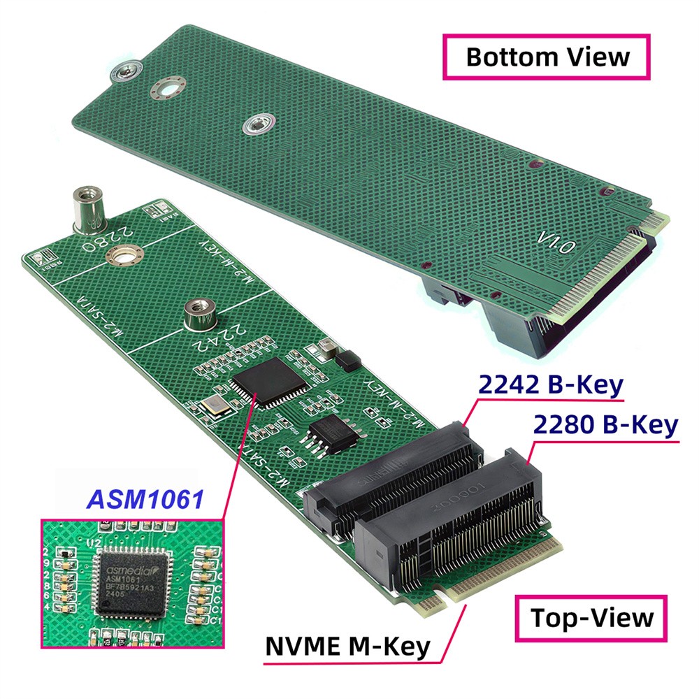 Dual Port M.2 NGFF Expansion Card, PCIe M‑Key 1 to 2 B‑Key SATA SSD Adapter