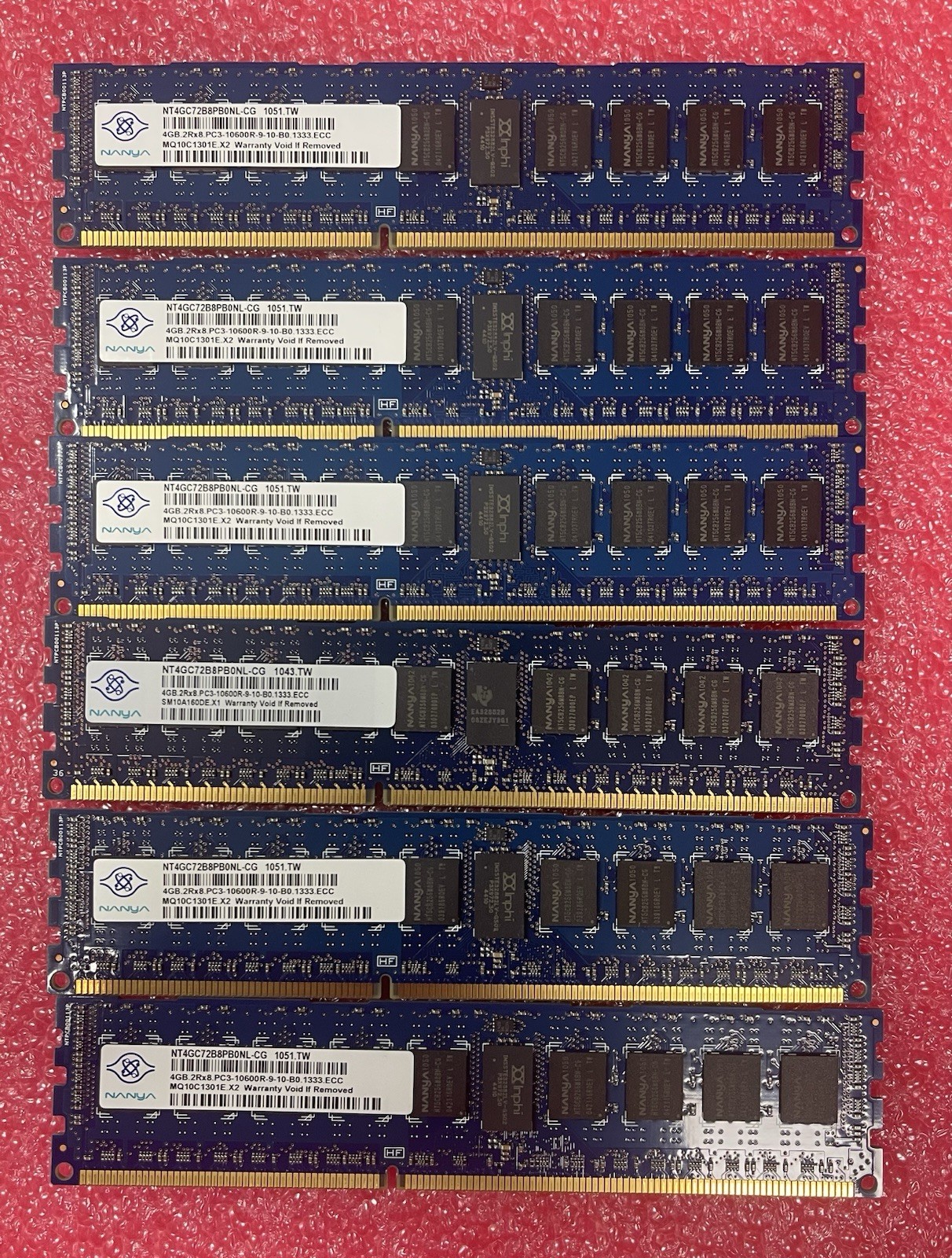24GB (6x4GB) Nanya NT4GC72B8PB0NL-CG 2Rx8 DDR3 PC3-10600R Server Memory Ram
