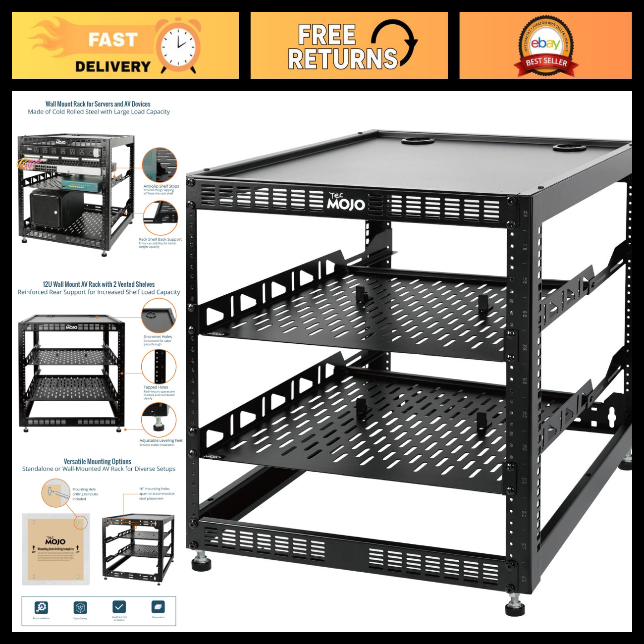 12U Open Frame Network Rack for IT & AV Gear, Wall Mount/Floor Stand, 2x 1U Shel