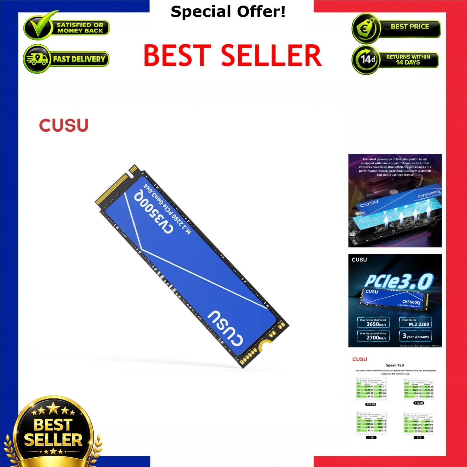 CUSU M.2 NVMe SSD 256GB 512GB 1TB 2TB PCIe 3.0 x4 Internal Solid State Drive