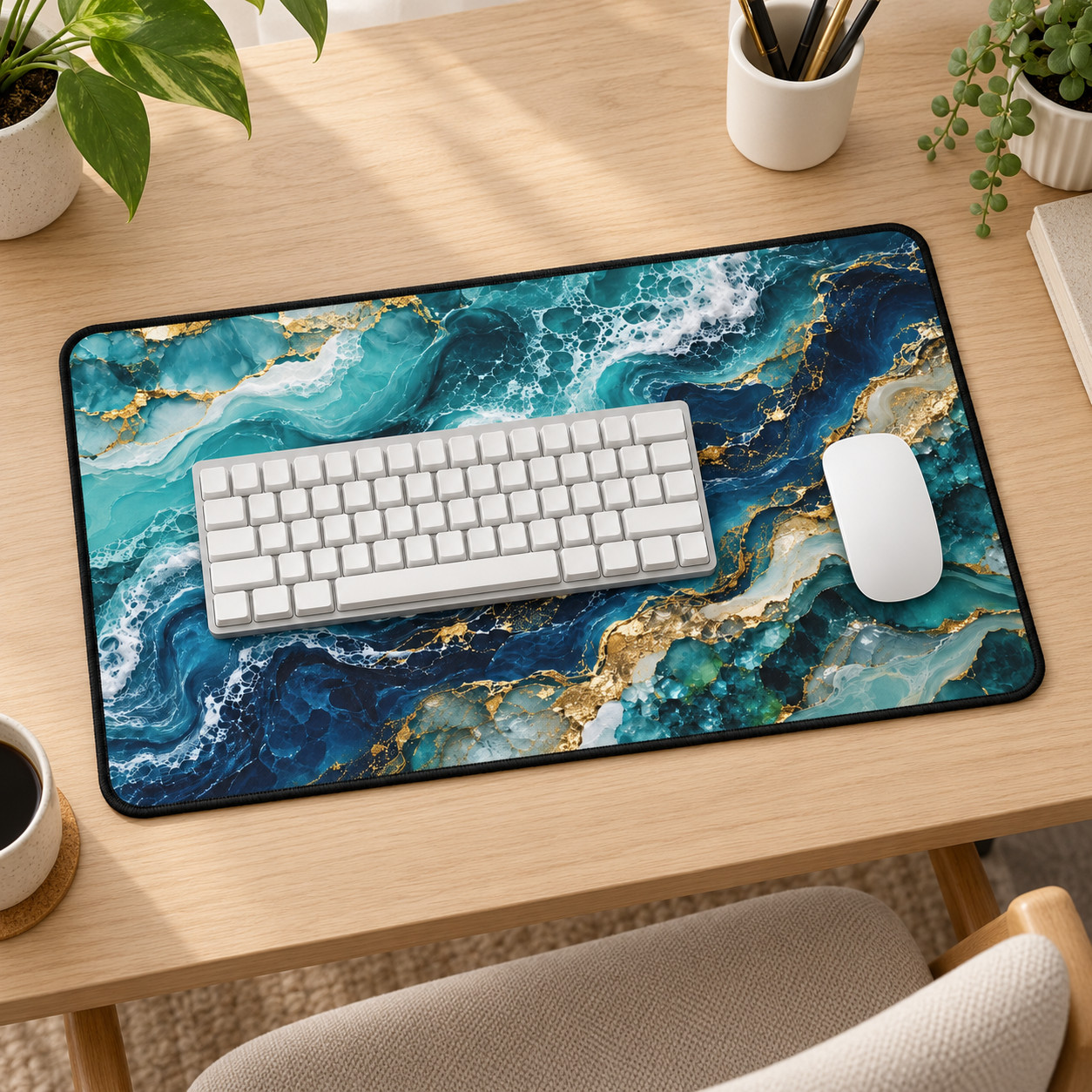 Teal Gold Ocean Desk Mat, Blue Marble Mouse Pad, Abstract Office Decor