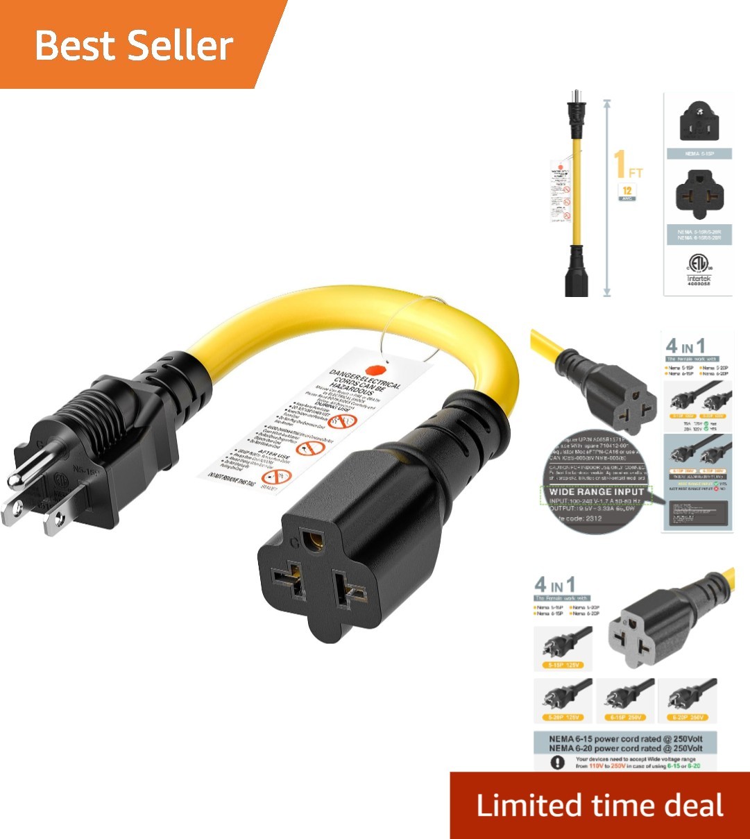 Versatile 4-in-1 AC Adapter Cable - 12AWG, 15A to 20A, 1FT, NEMA Compatibility