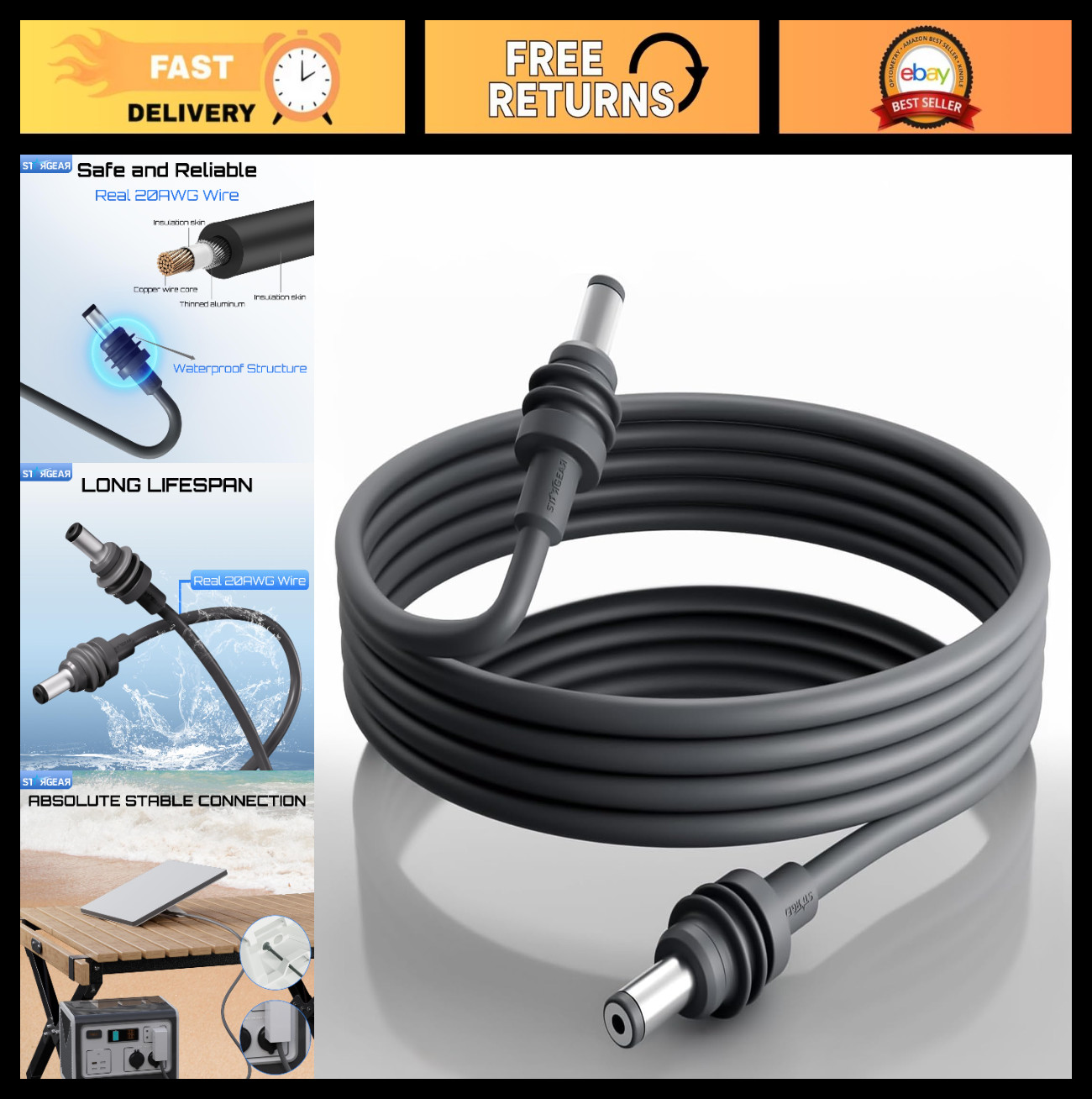 6.5FT Mini DC Power Cable, 20AWG Replacement for Starlink, Outdoor Power Cord