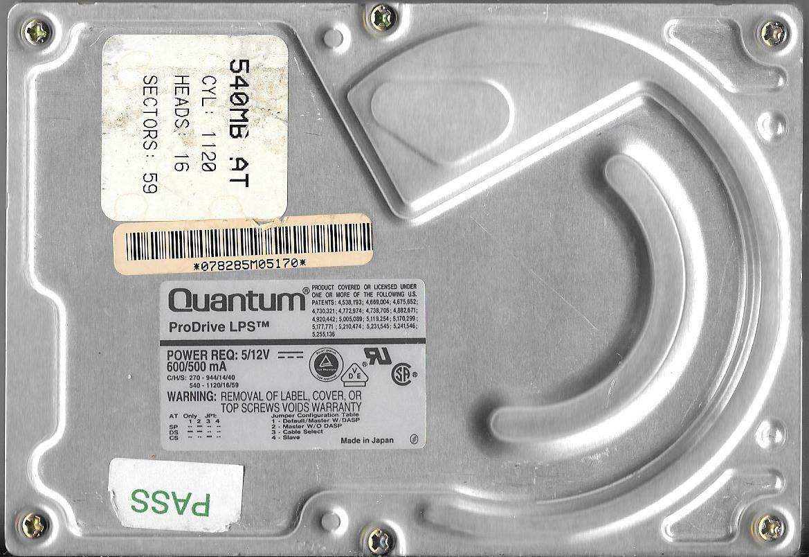 Quantum Pro Drive LPS  540AT 540MB IDE Hard Drive P/N: TB54A461 Rev 04-A