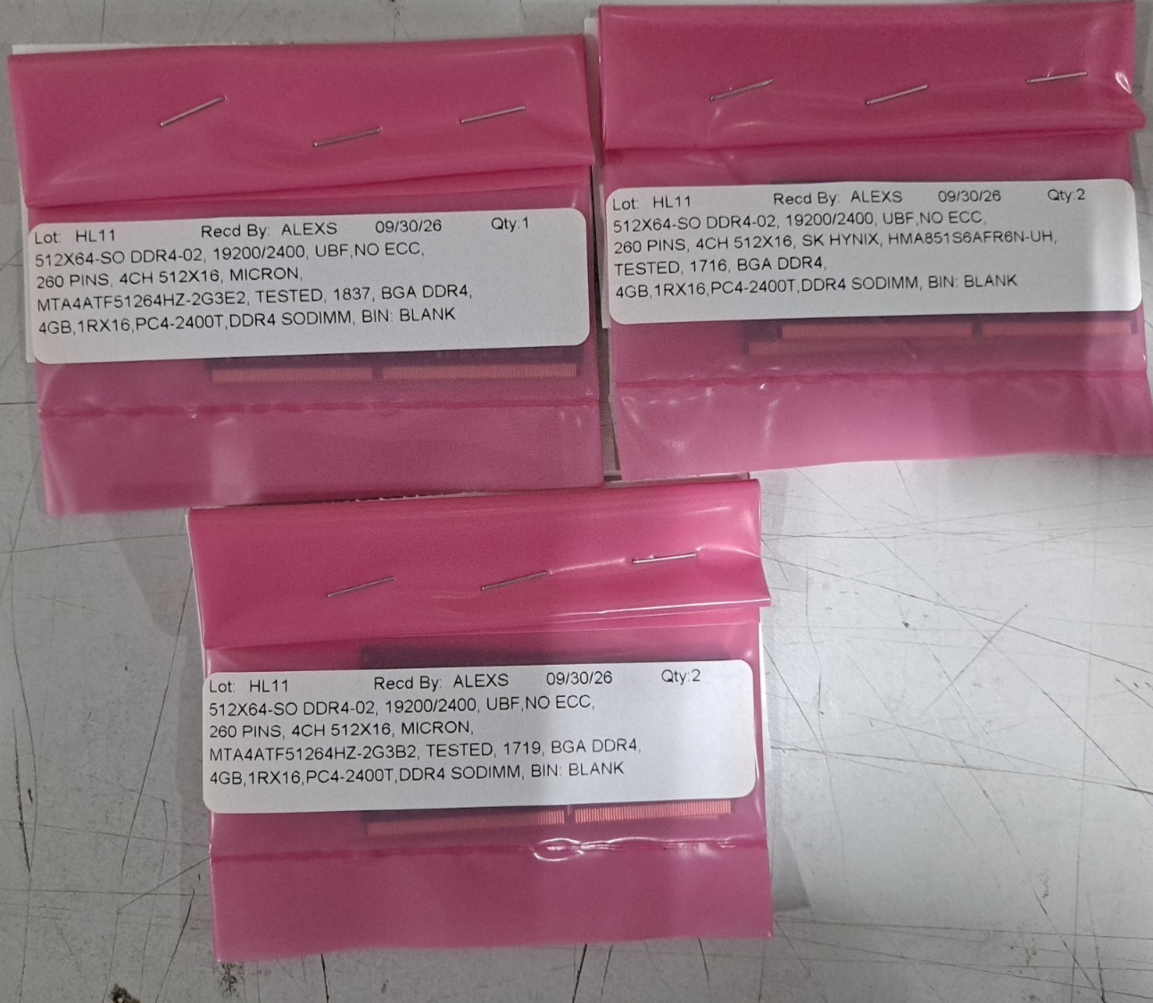 Lot of 5 - Micron Sk Hynix 2400- 4GB - DDR4 Laptop Memory from Imac