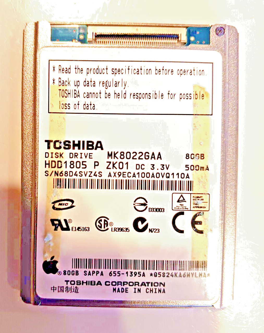 TOSHIBA MK8022GAA OR SAMSUNG HS081HA  1.8" ZIF 80GB FOR IPOD  6TH GEN USA SELLER