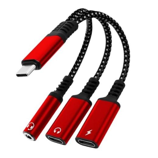 1 in 3 USB C to Type-C Charging and Type-C Headphones Plus 3.5mm Headphones red