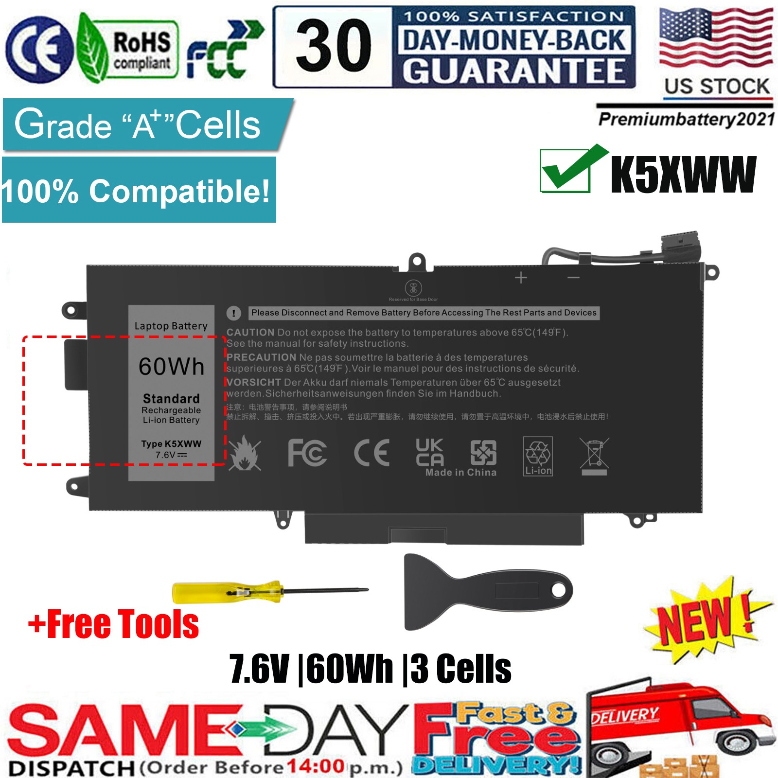 ✅71TG4 K5XWW Battery for Dell Latitude 7389 7390 L3180 5285 5289 2 in 1 60Wh