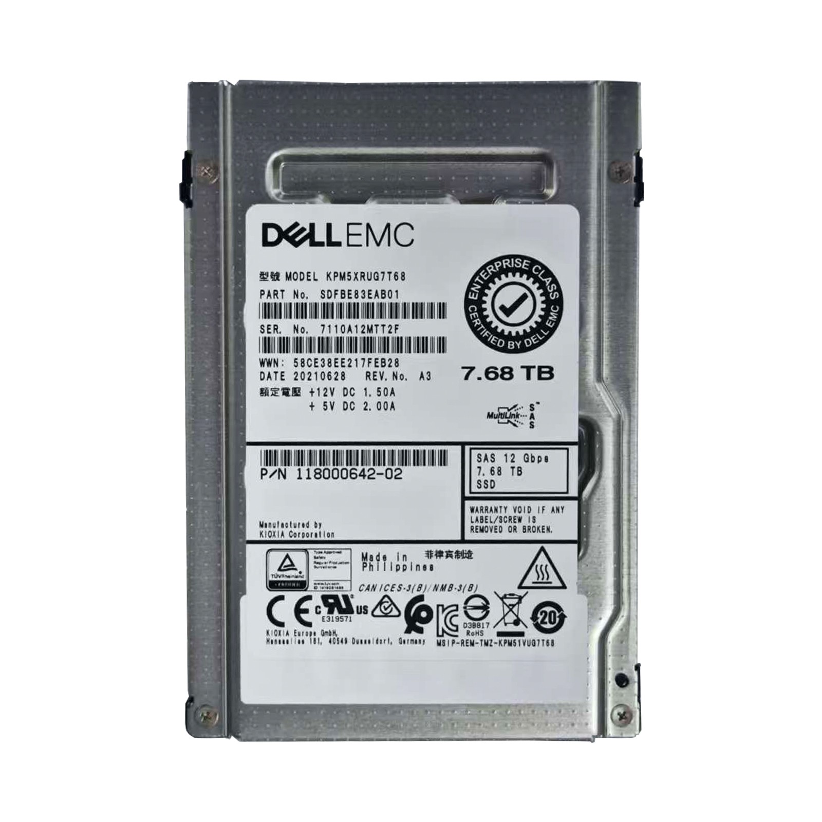 KIOXIA PM5 7.68T SAS KPM5XRUG7T68 DELL EMC PN 118000642-02 PART N0 SDFBE83EAB01