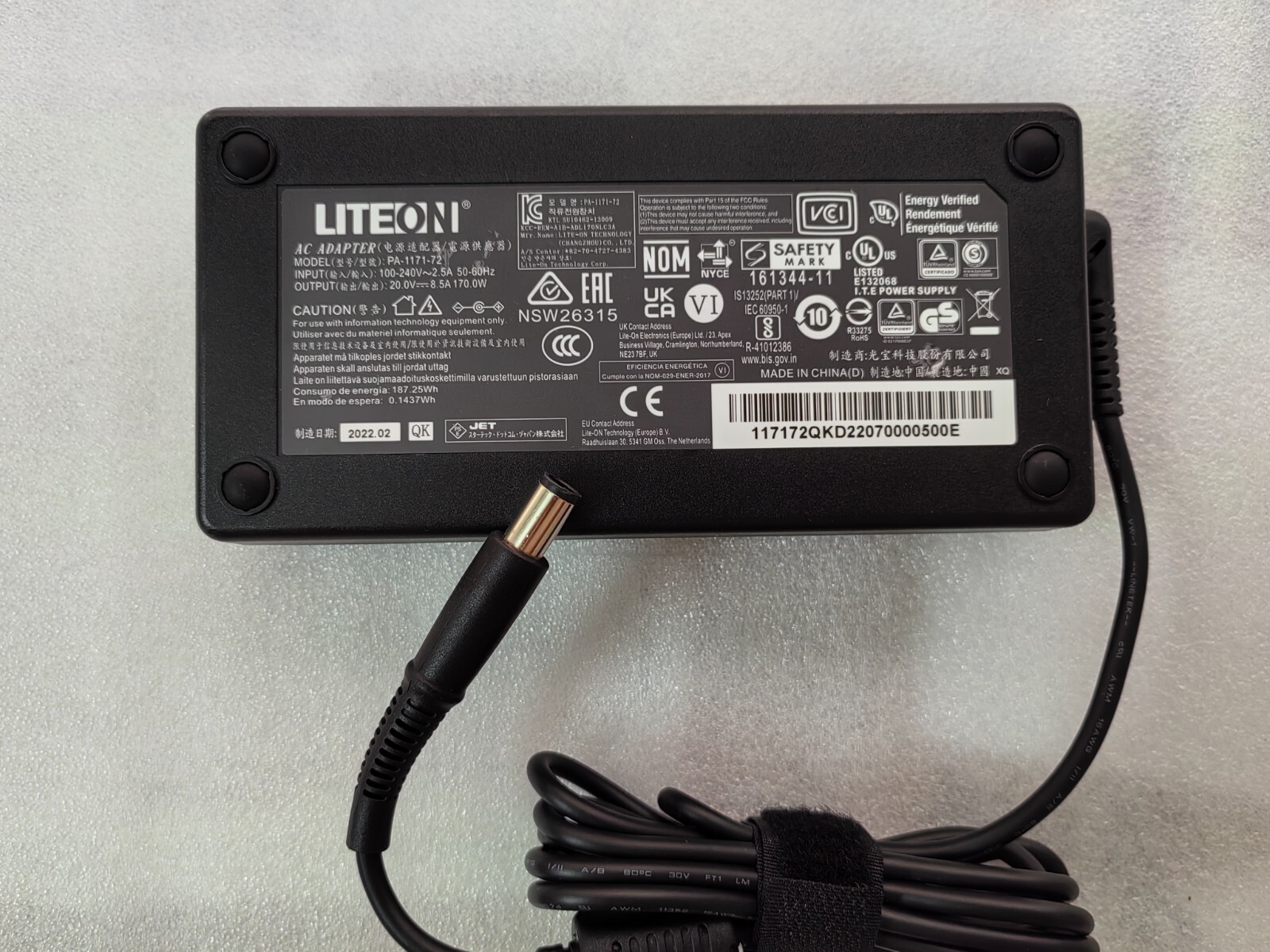 Genuine Slim LITEON 20V 8.5A 170W 7.4mm*5.0mm Pin PA-1171-72 NSW26315 AC Adapter