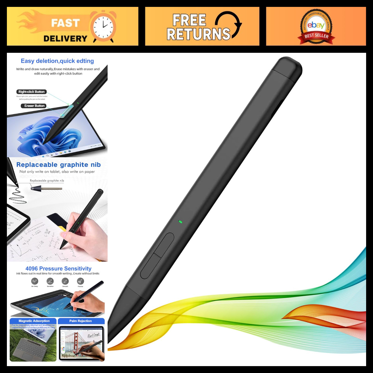 Slim Stylus Pen for Microsoft Surface - 4096 Pressure Sensitivity, 66H Battery,
