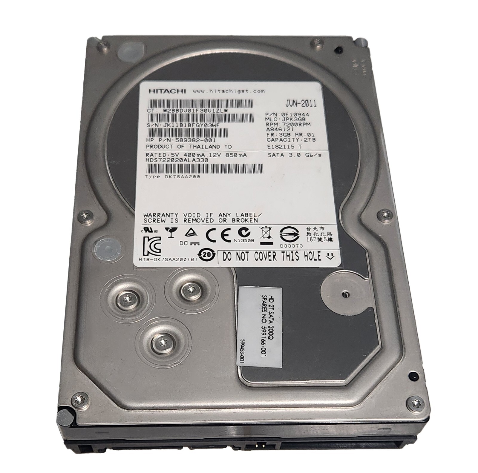 HP 589382-001 / Hitachi DK7SAA200 HDS722020AlA330 2TB SATA Hard Drive 0F10944