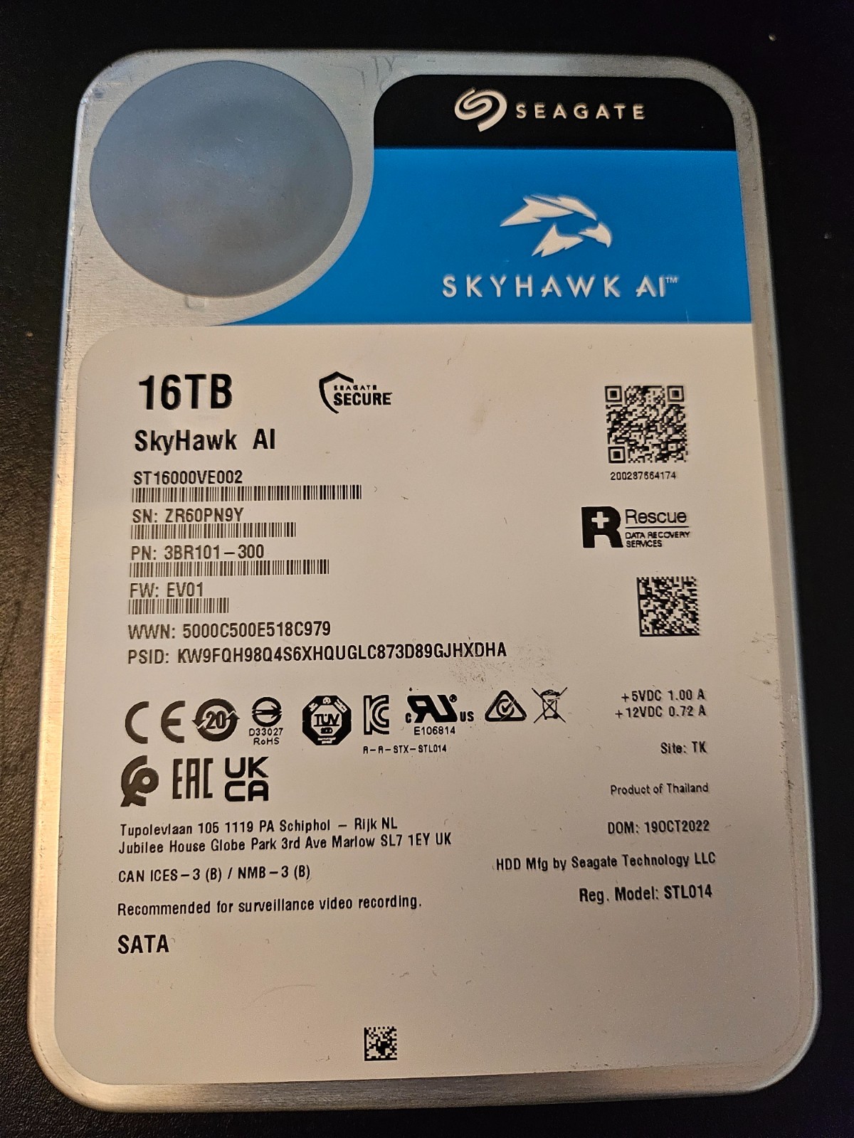 Seagate SkyHawk AI 16TB 7200 RPM 3.5 inch Internal Hard Drive - ST16000VE000