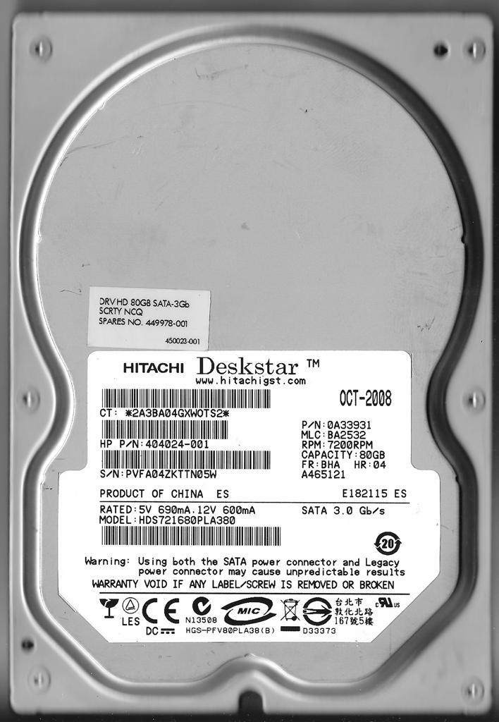 HITACHI HDS721680PLA380 80GB SATA HARD DRIVE P/N: 0A33931 MLC: BA2532 FW: BHA