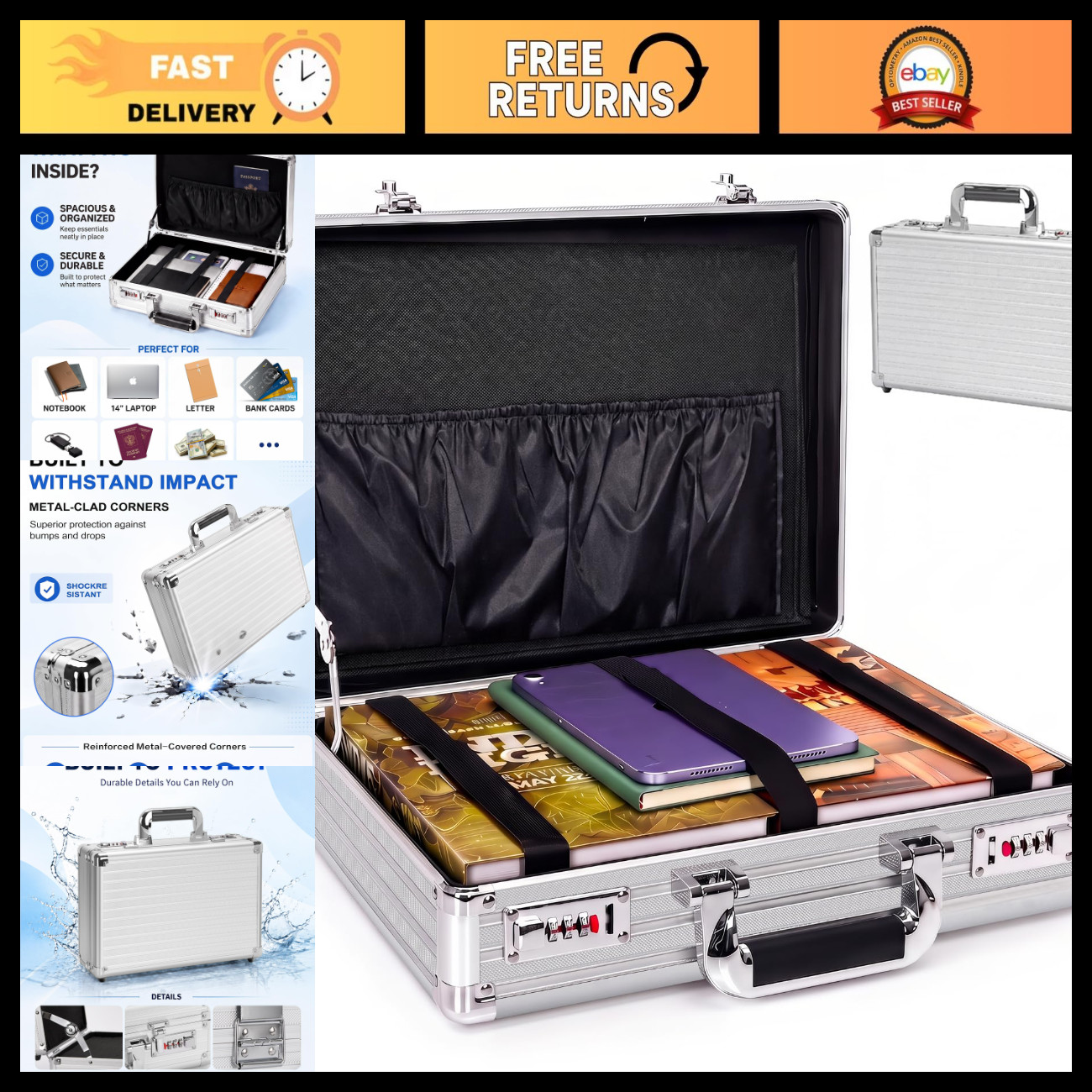 Durable Aluminum Laptop Briefcase & File Storage Box, Secure Metal Case