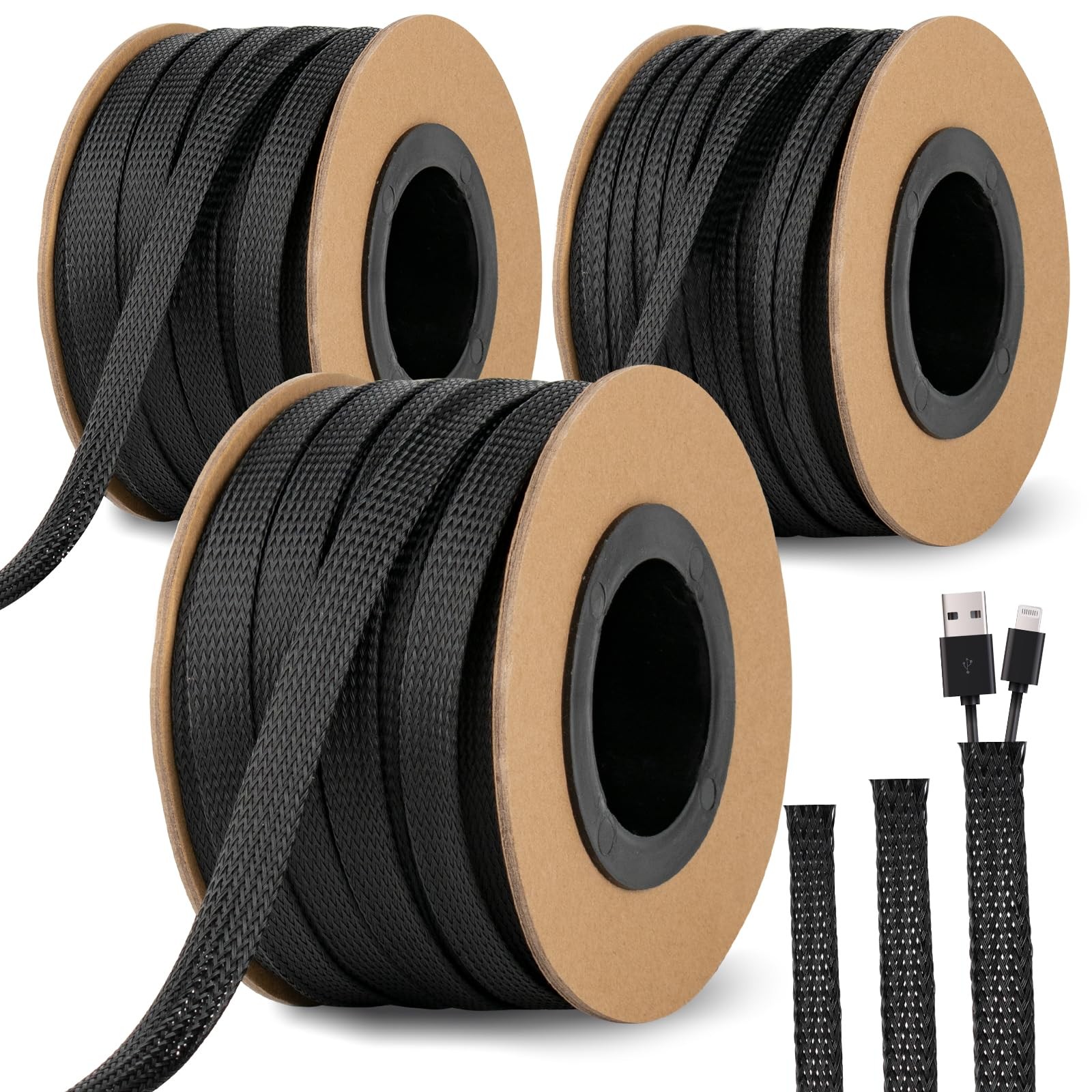 300 Feet 1/4, 1/2, 3/8 Inches Braided Wire Loom Automotive PET Cable Loom