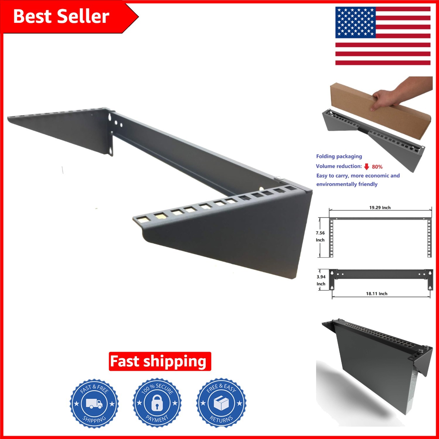 Elegant Black 4U Cold Rolled Steel Rack - Easy Installation & 44lb Capacity