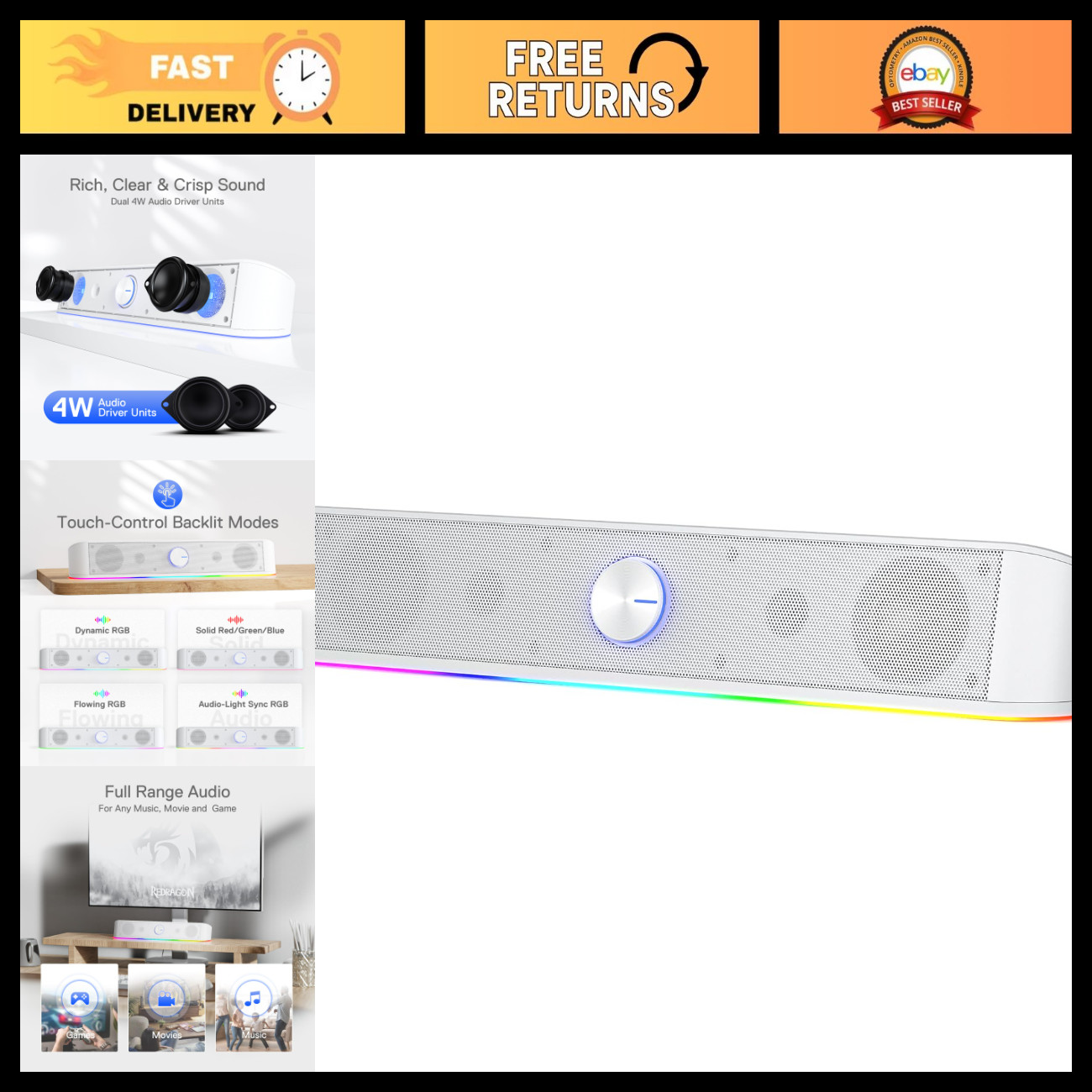 RGB Desktop Soundbar with Dynamic Lighting & Audio Sync - Enhanced Sound Experie
