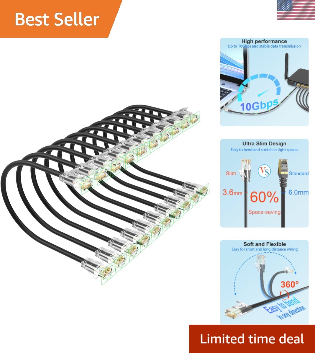 Cat 6 Patch Cables 15 feet 10Pack, Slim Cat6a Ethernet Patch Cable 10Gbps 550...