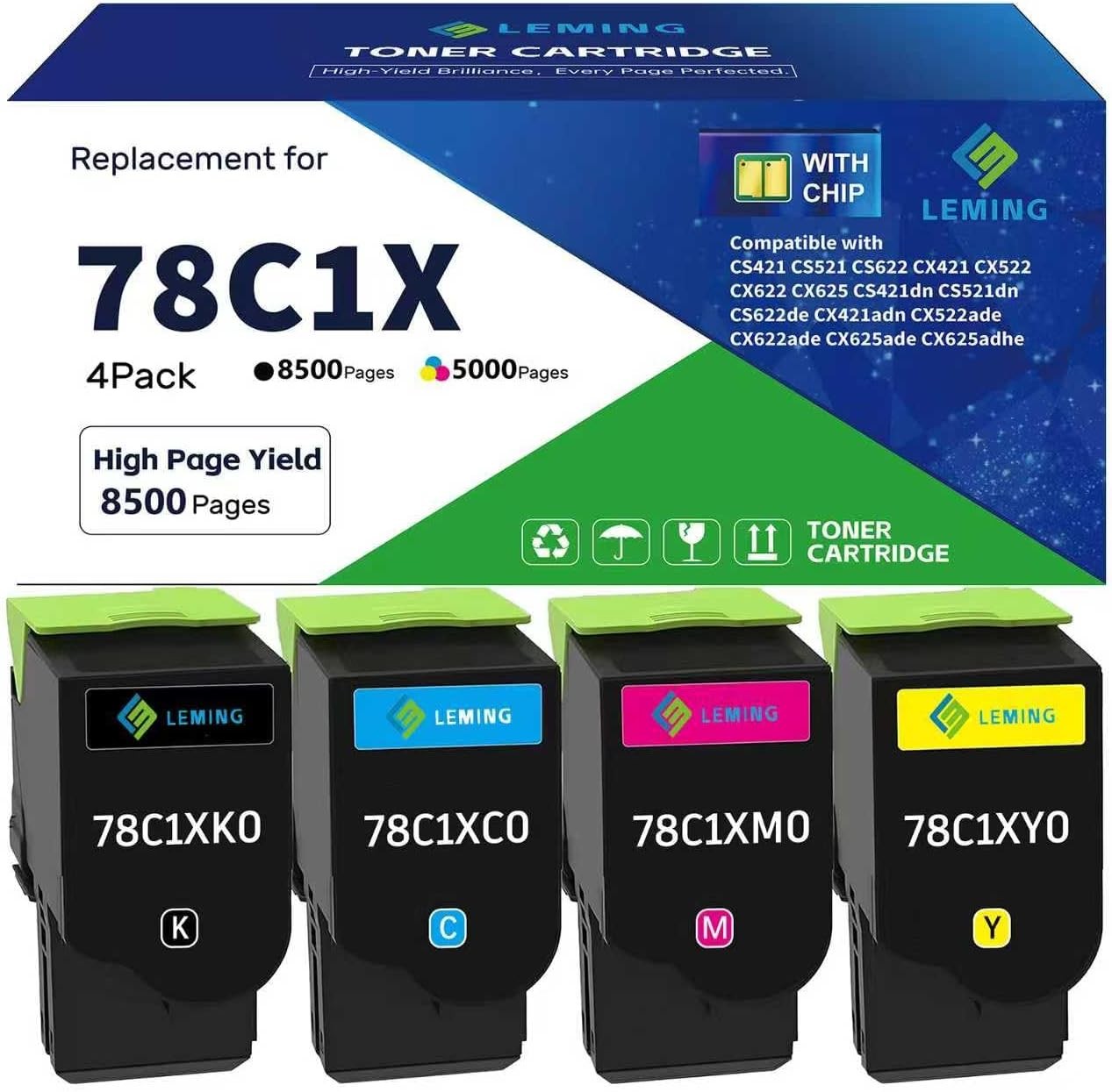 78C1X Toner Cartridge for Lexmark CS421 CX421 CX522 CX521 CX622 CX625 Printers