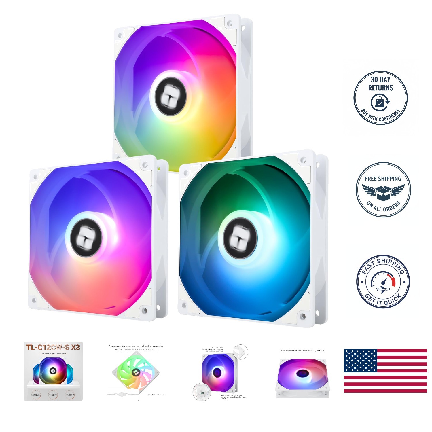 RGB Illuminated 120mm TL-C12CW-S X3 CPU Fan – Efficient Cooling Solution, 3-Pack