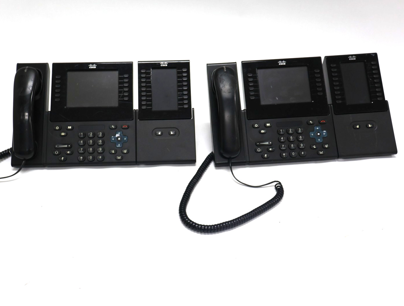 Lot of 2 Cisco CP-9971 IP Desk Phones w/ CP-CKEM Key Expansion Modules & Stand