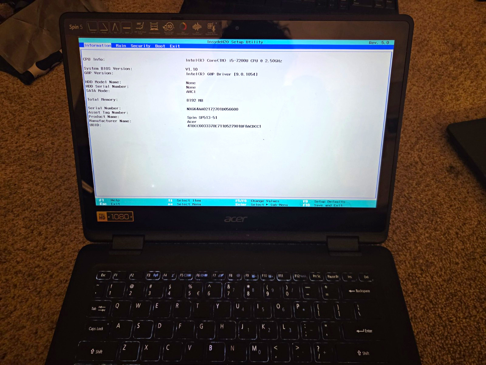 Acer Spin SP513-51 13" Touch i5-7200U 8GB 256GB SSD Win 11 Home