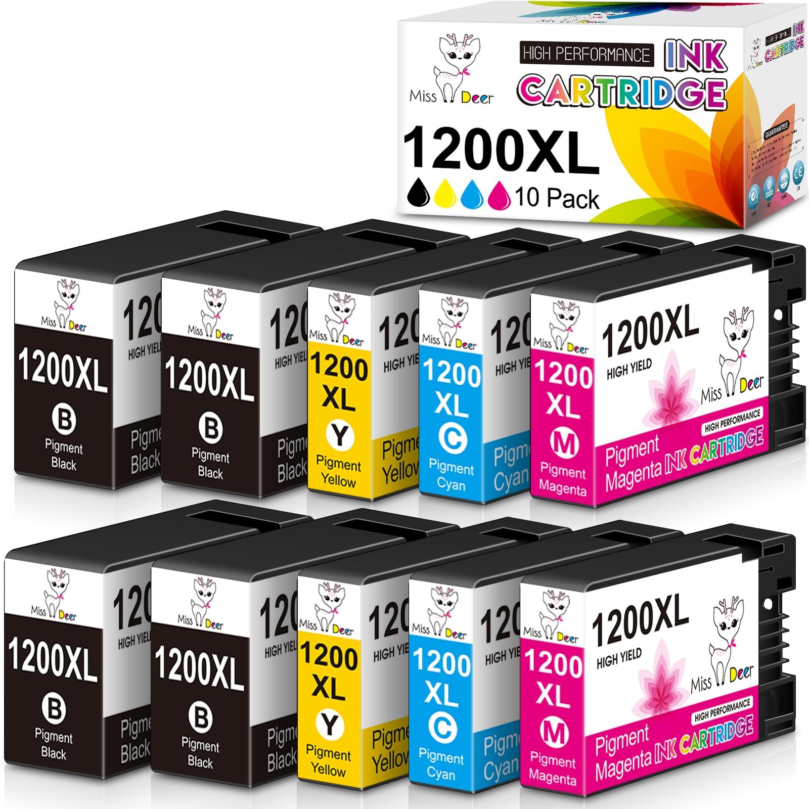 Miss Deer Maxify 1200 XL, 10 Packs = 4 Black + 2 Cyan + 2 Magenta + 2 Yellow 