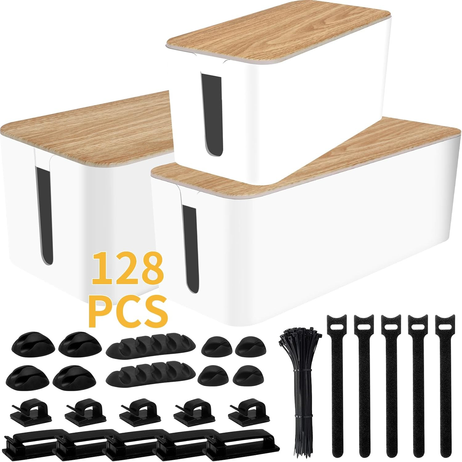 128PCS Cable Management Box 3Pack Cable Management Kit for Power Strip to Hide W